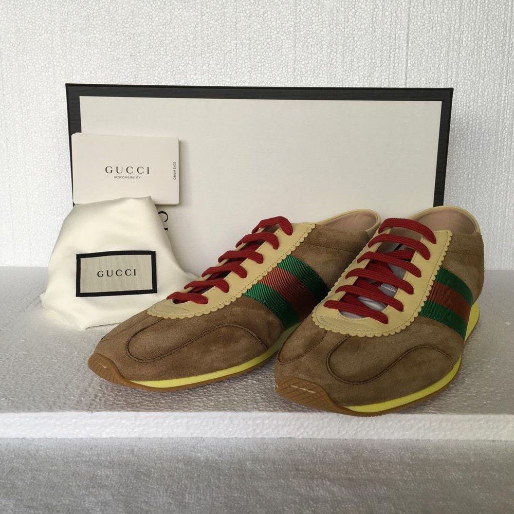 Gucci Man Sneakers Suede Leather Web Brown DM57 - Picture 8 of 12